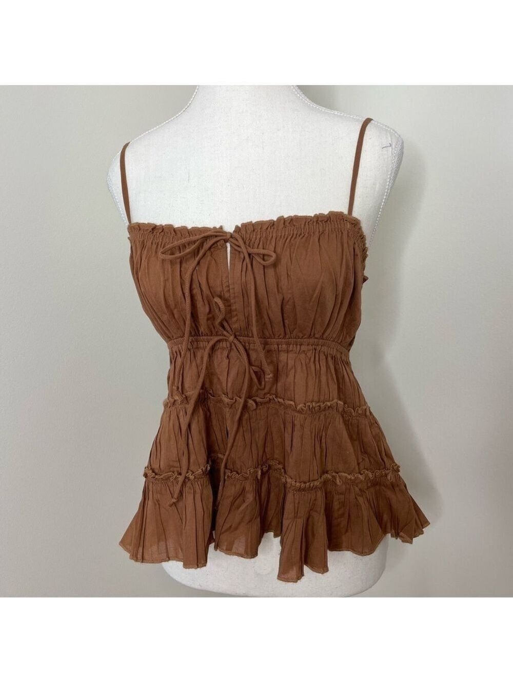 NWT Aerie Brown Tie Front Tiered Tank Top M - Picture 3 of 16